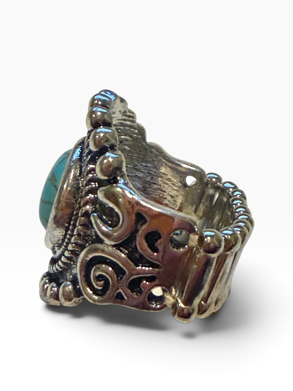 Turquoise Color Stretch Ring Silver Tone Western Boho Southwestern Statement 9 - Picture 10 of 12